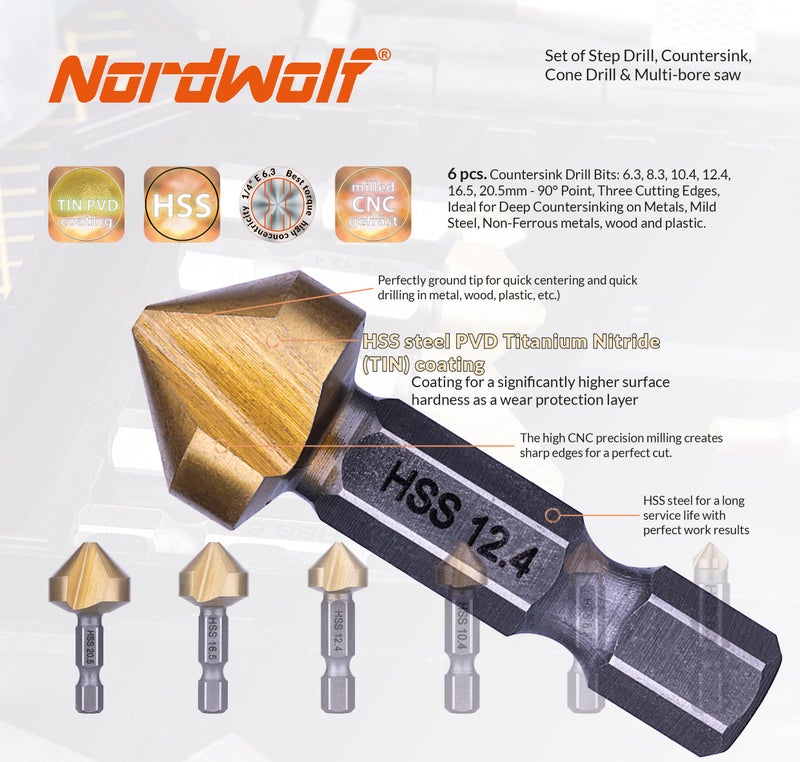 NordWolf 12-Piece HSS Titanium Metric Step, Countersink, Cone Drills with 1/4" Hex Shank, Multi Drill Saw & Automatic Center Punch Set in Storage Case - Image 5
